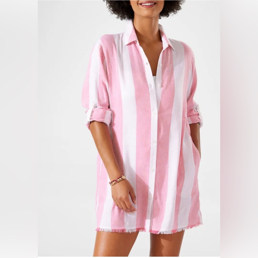 Tommy Bahama rugby beach striped boyfriend shirt.